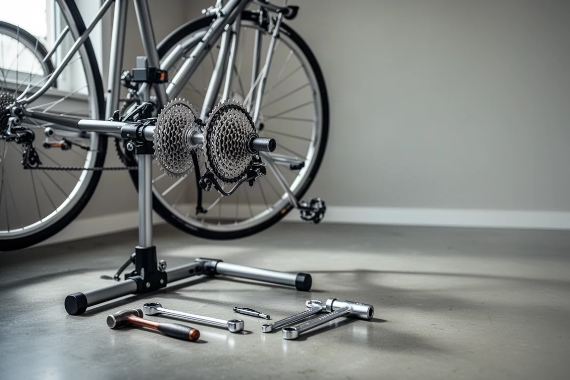 Bicicleta en un soporte de reparación con herramientas dispuestas en el suelo de un taller