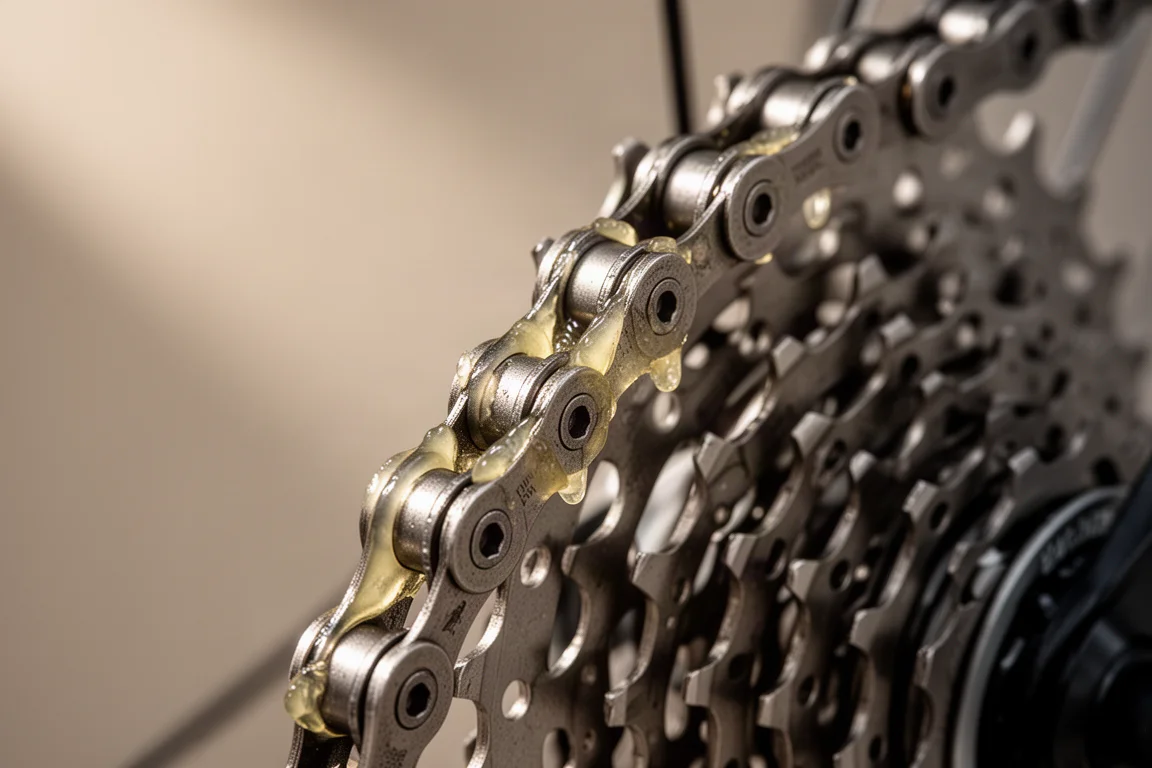 Primer plano de una cadena de bicicleta lubricada con cera pasando sobre un casete trasero