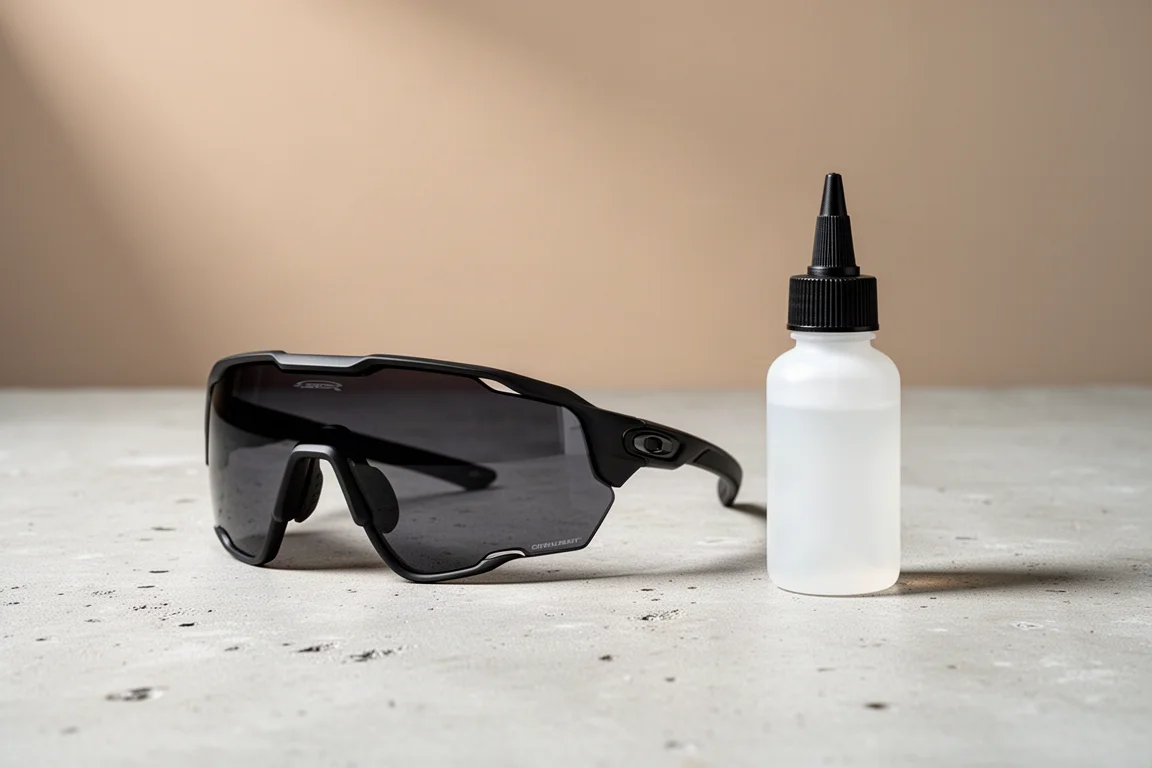 Performance cycling sunglasses and a bottle of chain lubricant on a neutral surface