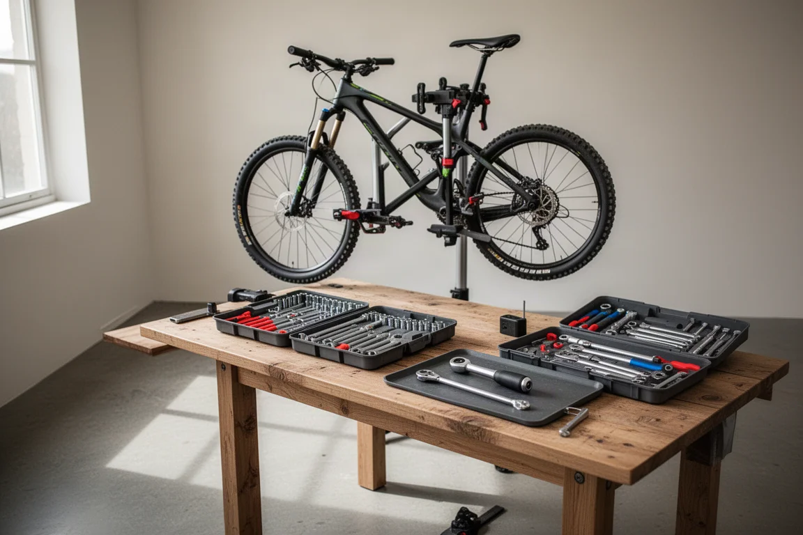 Home bike workshop bench with tools laid out and a mountain bike mounted in a stand