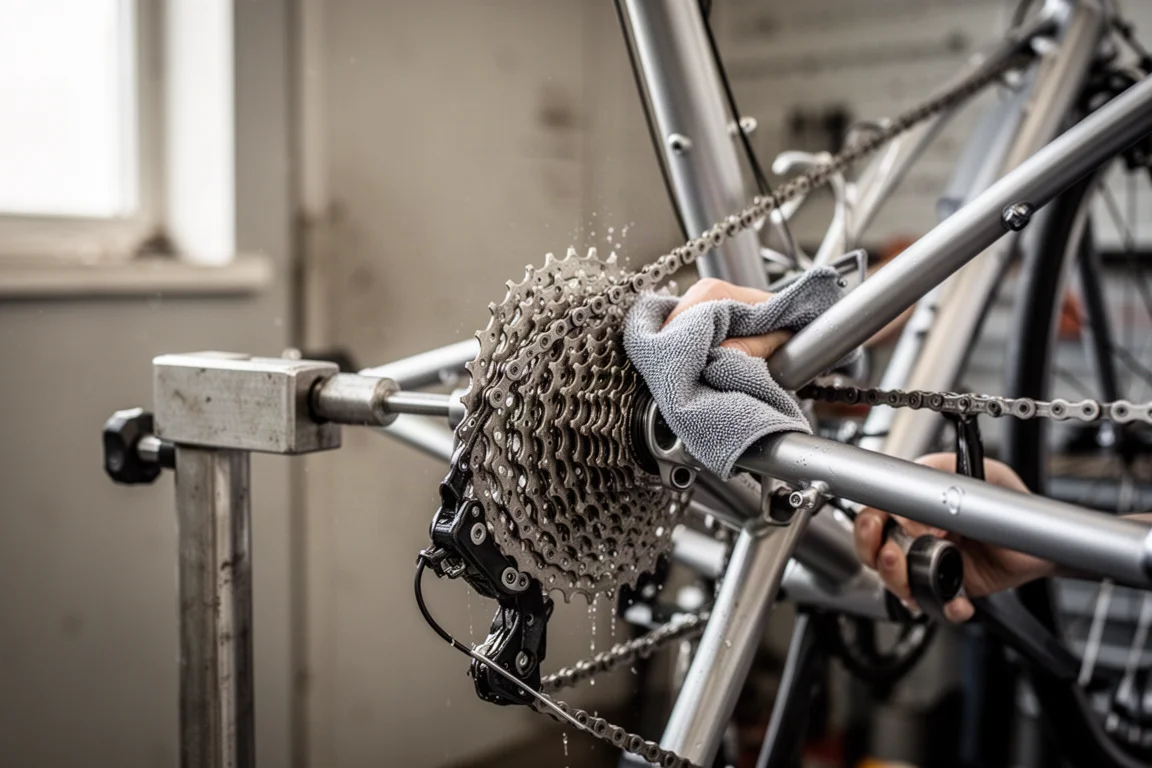 Close-up of bicycle frame clamped in a metal work stand during a drivetrain clean