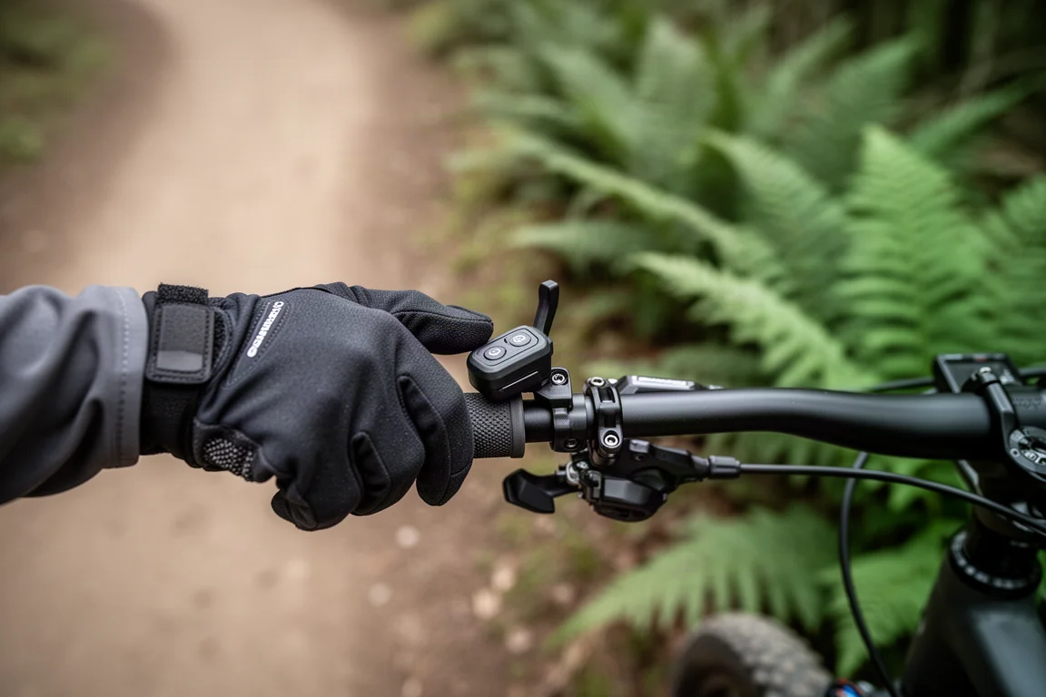Rider pressing a handlebar dropper post remote on a descending trail