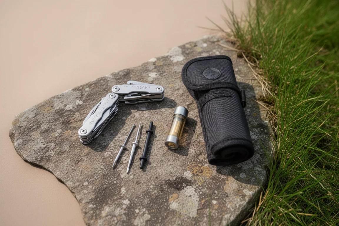 Cycling multi-tool, tyre plugs and CO2 cartridge laid out beside a trail