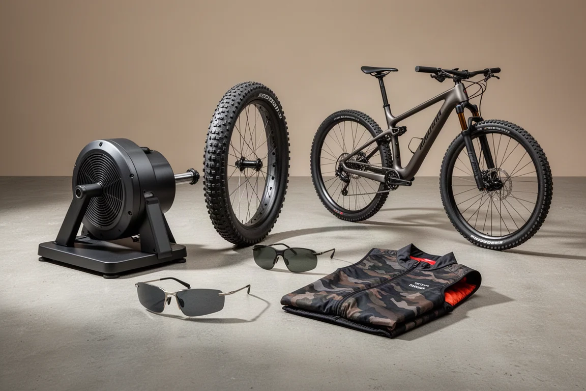 Cycling components arranged on a concrete surface for a gear roundup