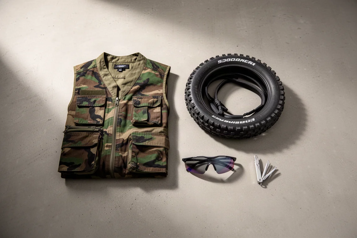 Flat-lay van bovenaf van fietsuitrusting met een vest, band, zonnebril en multitool
