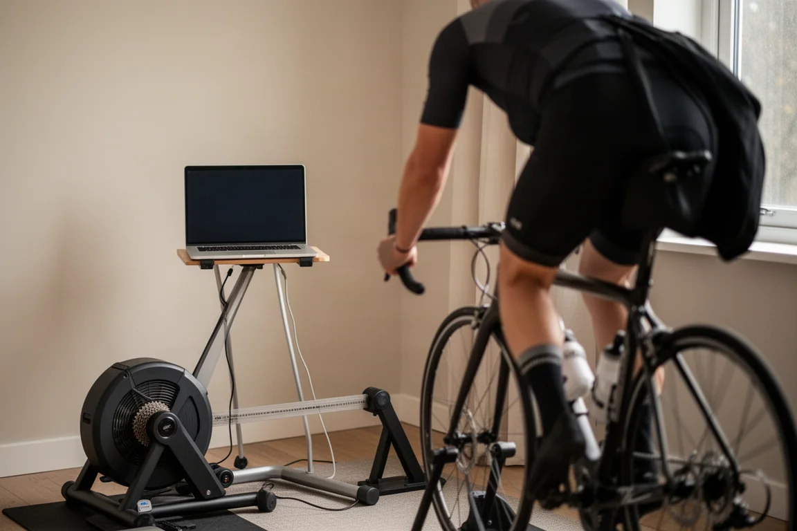 Wielrenner die binnen traint op een direct-drive smarttrainer in een thuisopstelling