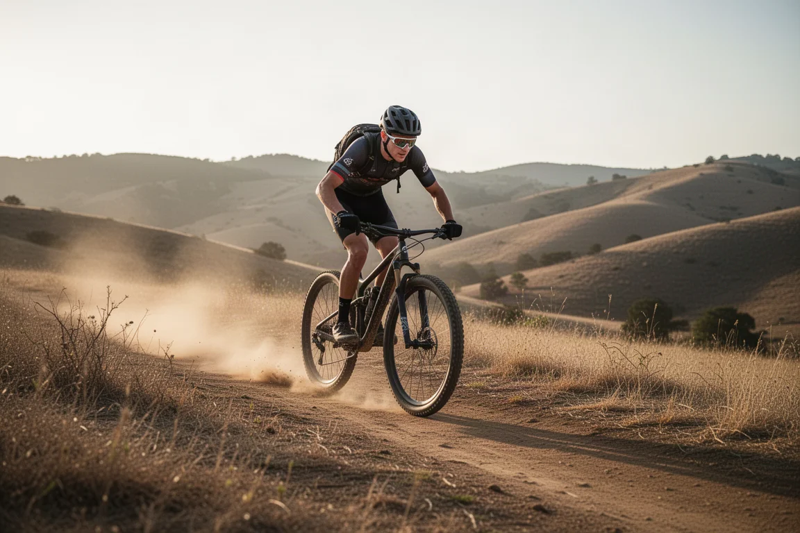 Cross-country mountainbiker op een droog singletrackpad in namiddaglicht
