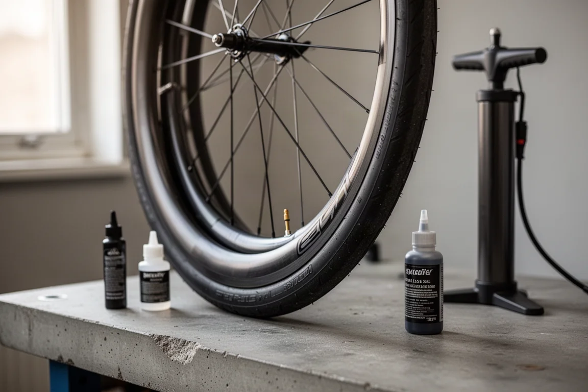 Nahaufnahme eines Tubeless-Fahrradventils an einer Werkbank mit Dichtmilch daneben