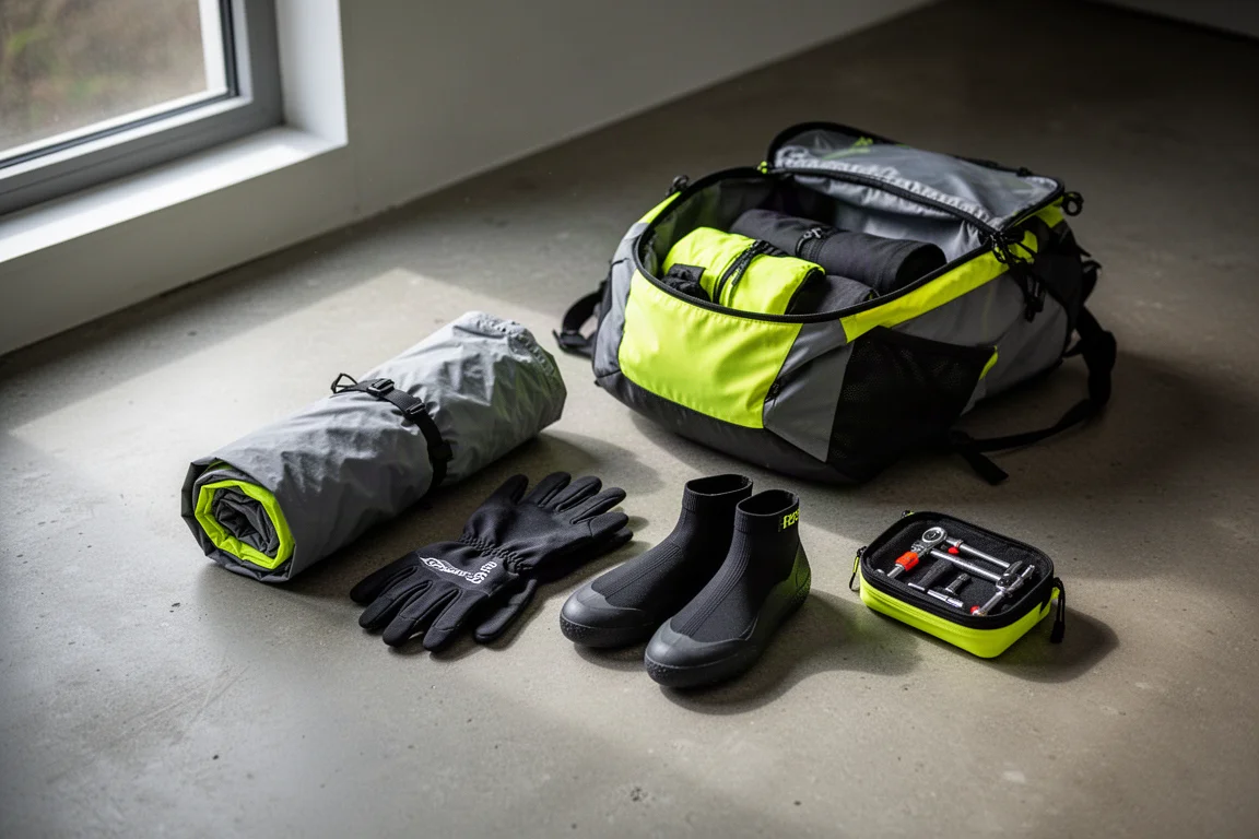 Radsport-Ausrüstung neben einem Rucksack auf Betonboden im Morgenlicht