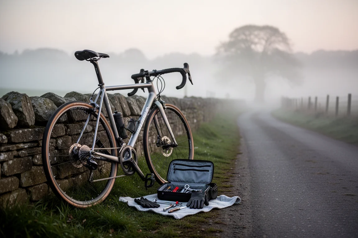 Road bike leaning on a stone wall at dawn with an open saddle bag and tools laid out