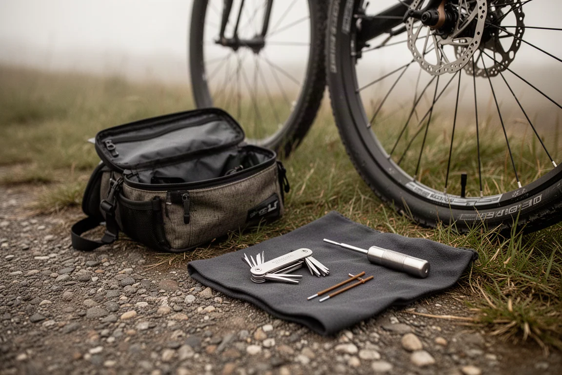 Roadside repair scene with an open saddle bag, multi-tool and plug tool on grass