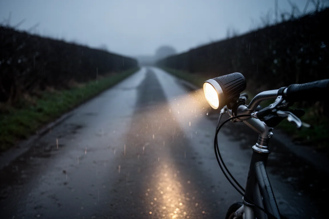 Handlebar-mounted front light casting a beam along a wet tarmac lane after dark