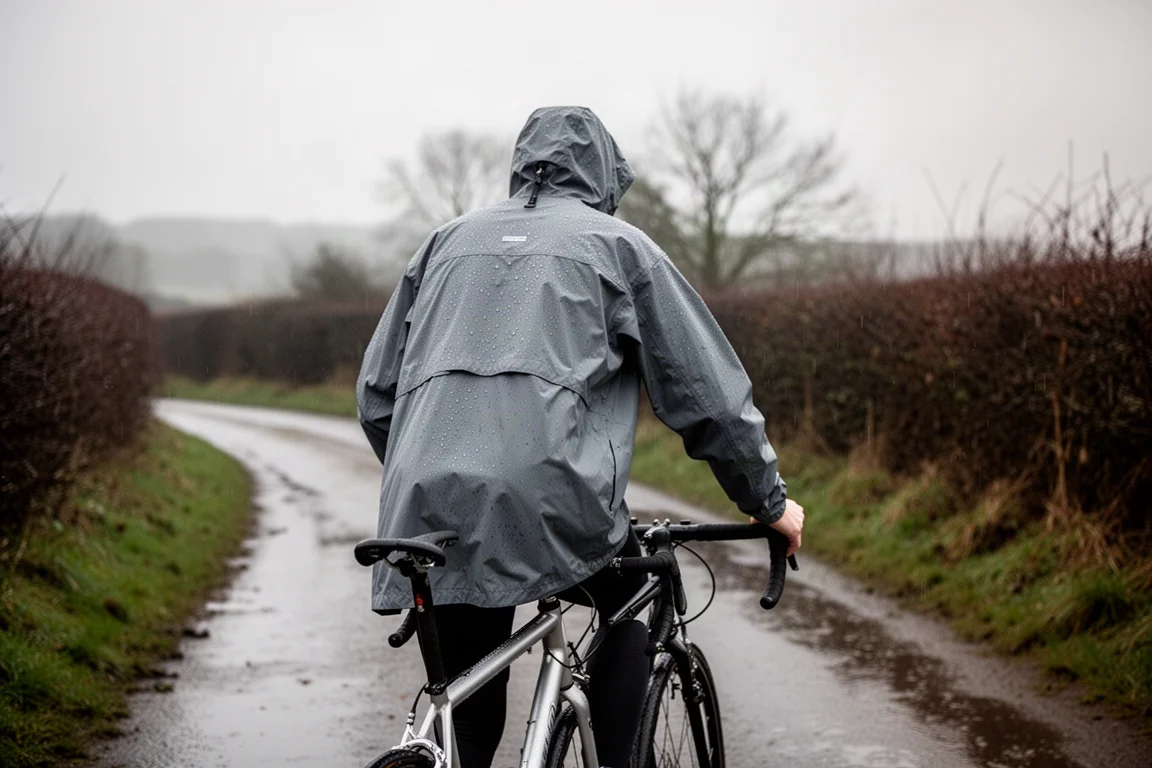 Cyclist in a loose waterproof jacket pushing a bike along a rain-slicked lane