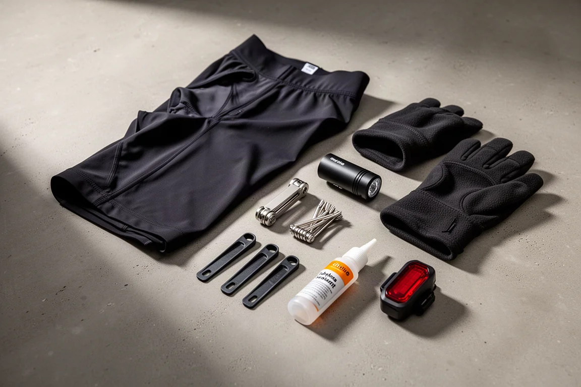 Cycling essentials arranged on concrete: bib shorts, multi-tool, levers, gloves, light and sealant