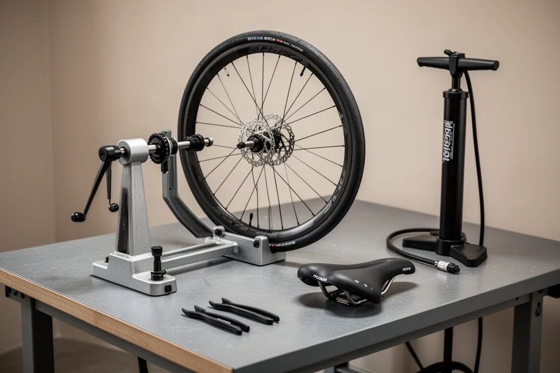 Home workshop bench with a wheel in a truing stand and bicycle tools