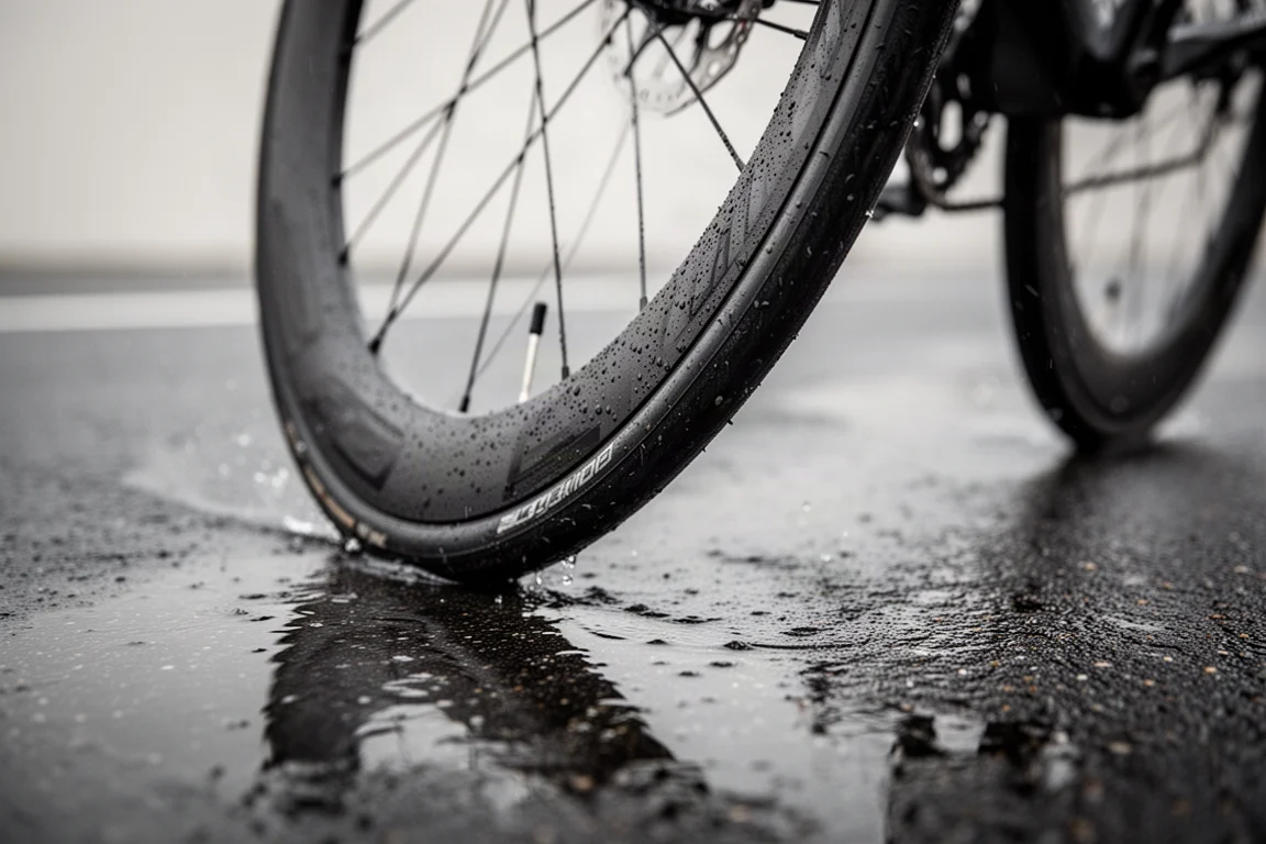 Cyclist's shoes clipped into road pedals with crank and chainring visible