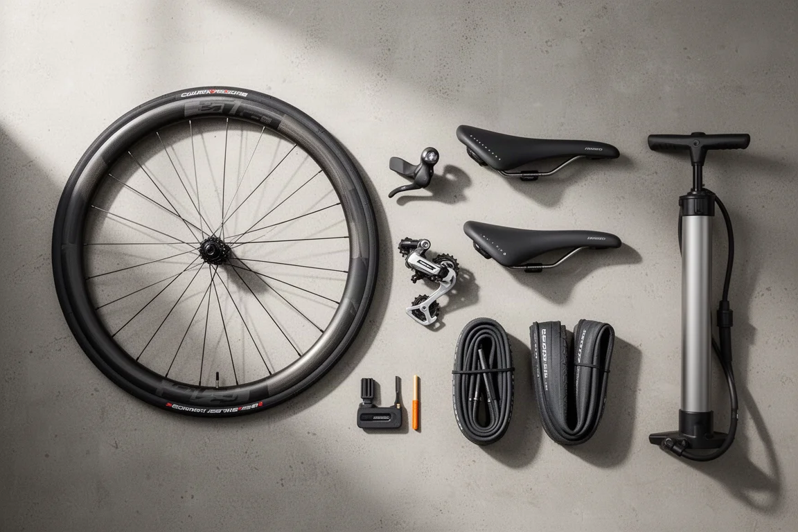 Flat-lay of cycling wheels, groupset, shoe, saddle, tire and tools on concrete