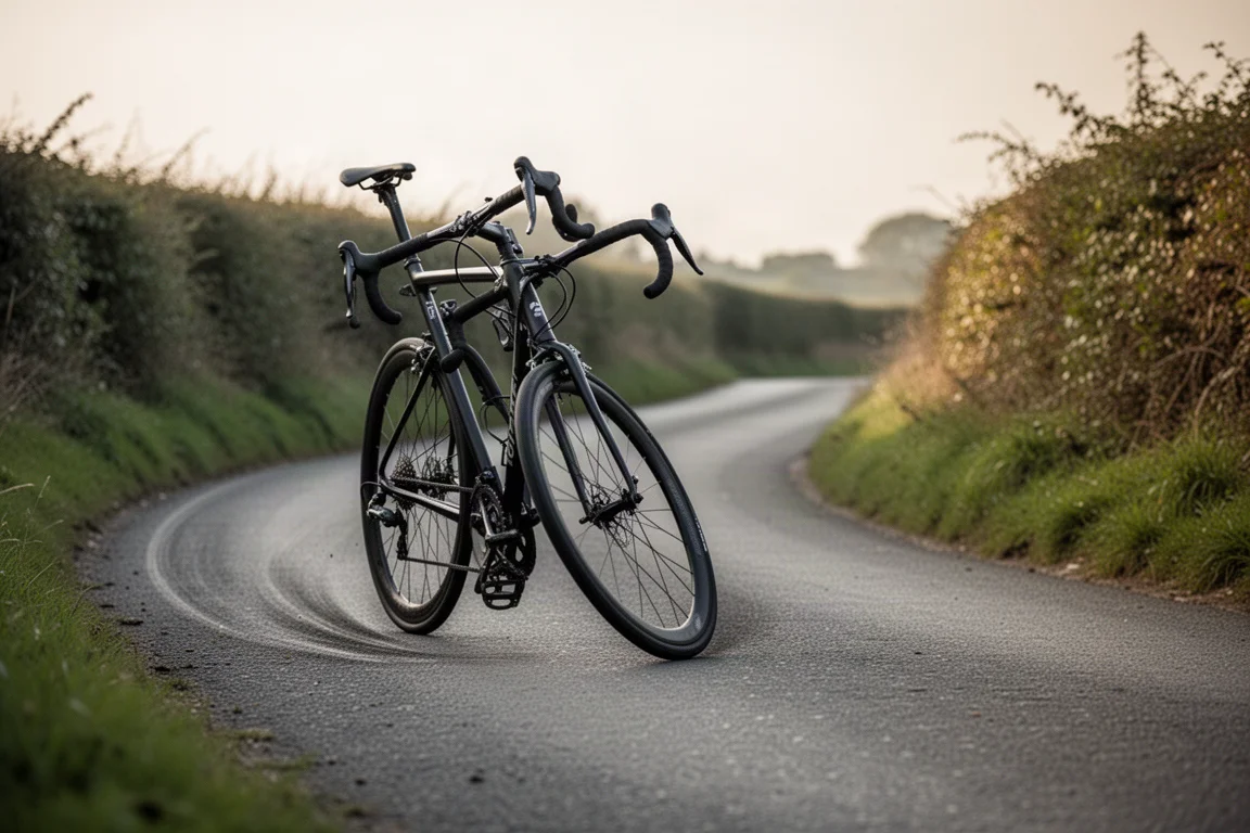 Ciclista che pedala su una strada di campagna bagnata nella luce fredda dell'inverno con copriscarpe pesanti