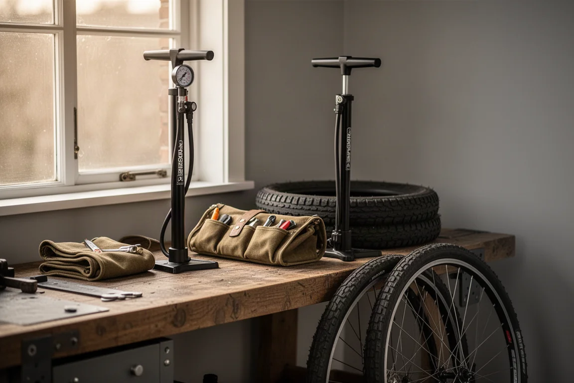 Flat lay di una catena, una cassetta e attrezzi manuali per bici disposti sul cemento