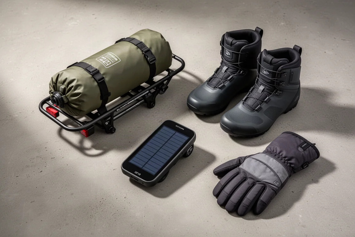 Cycling gear flat-lay with bikepacking rack, bike computer, winter shoes and glove