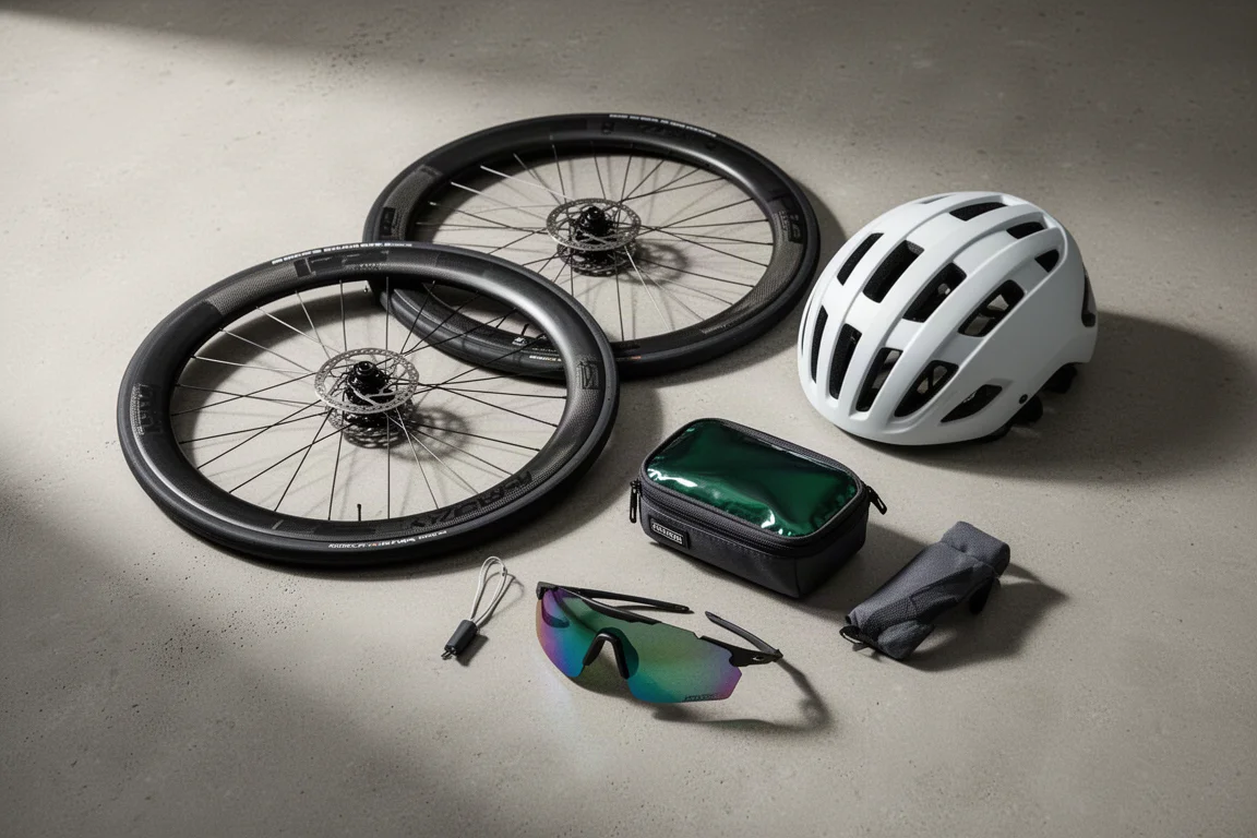 Overhead arrangement of cycling gear including carbon wheels, helmet, bags and sunglasses