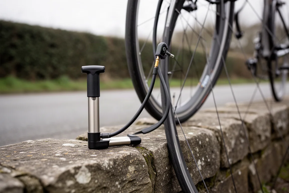 Minipumpens slang fastskruvad på en Presta-ventil på ett cykelhjul vid vägkanten