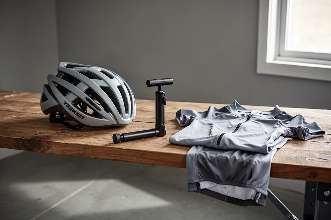 Hjälm, minipump och en hopvikt cykeltröja utlagda på en garagearbetsbänk