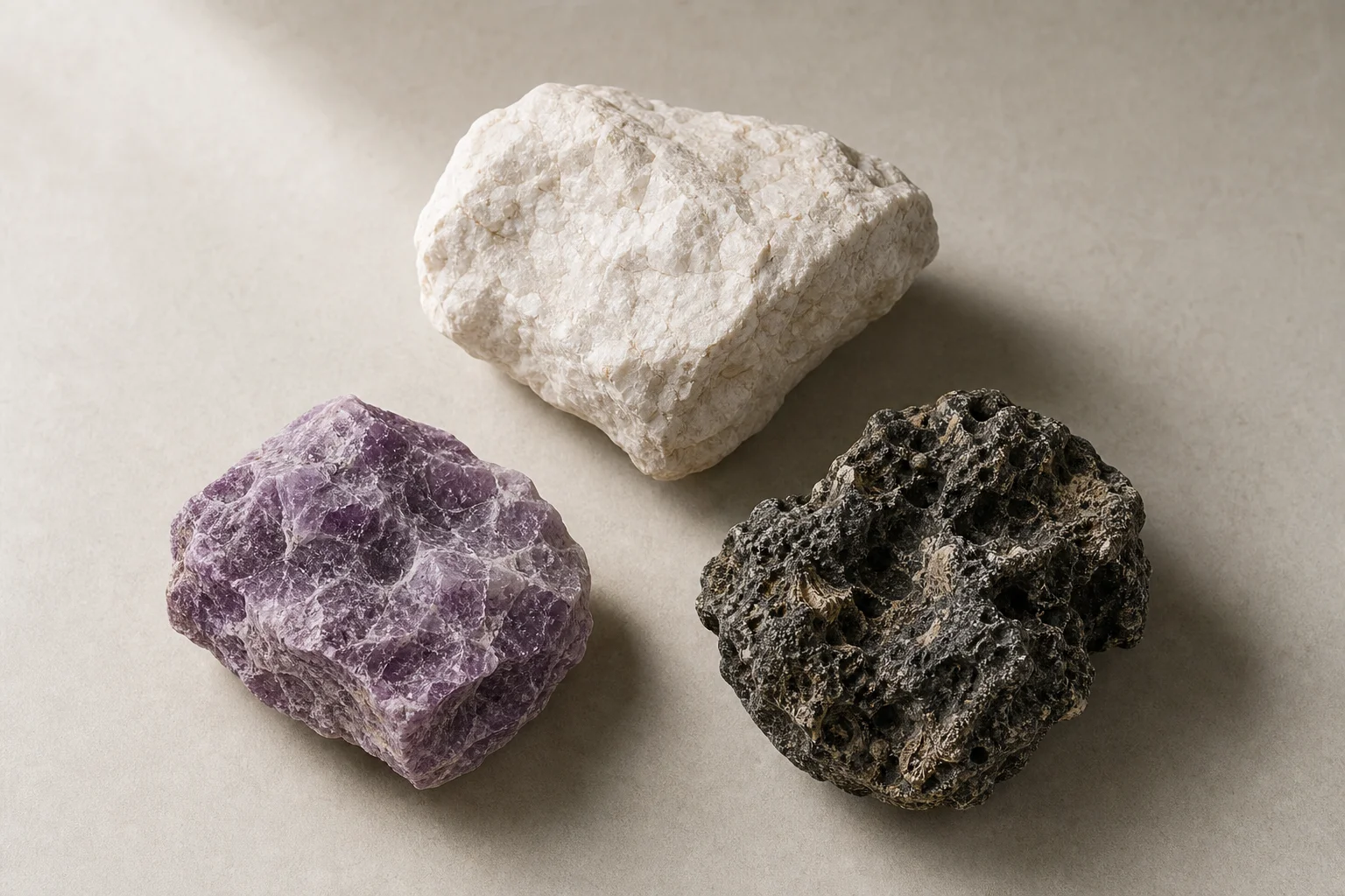 Samples of white, purple, and natural reef rock types
