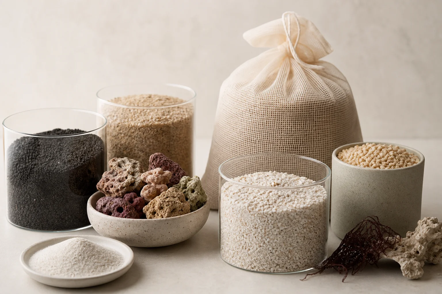 Collection of aquarium sand and substrate materials in containers