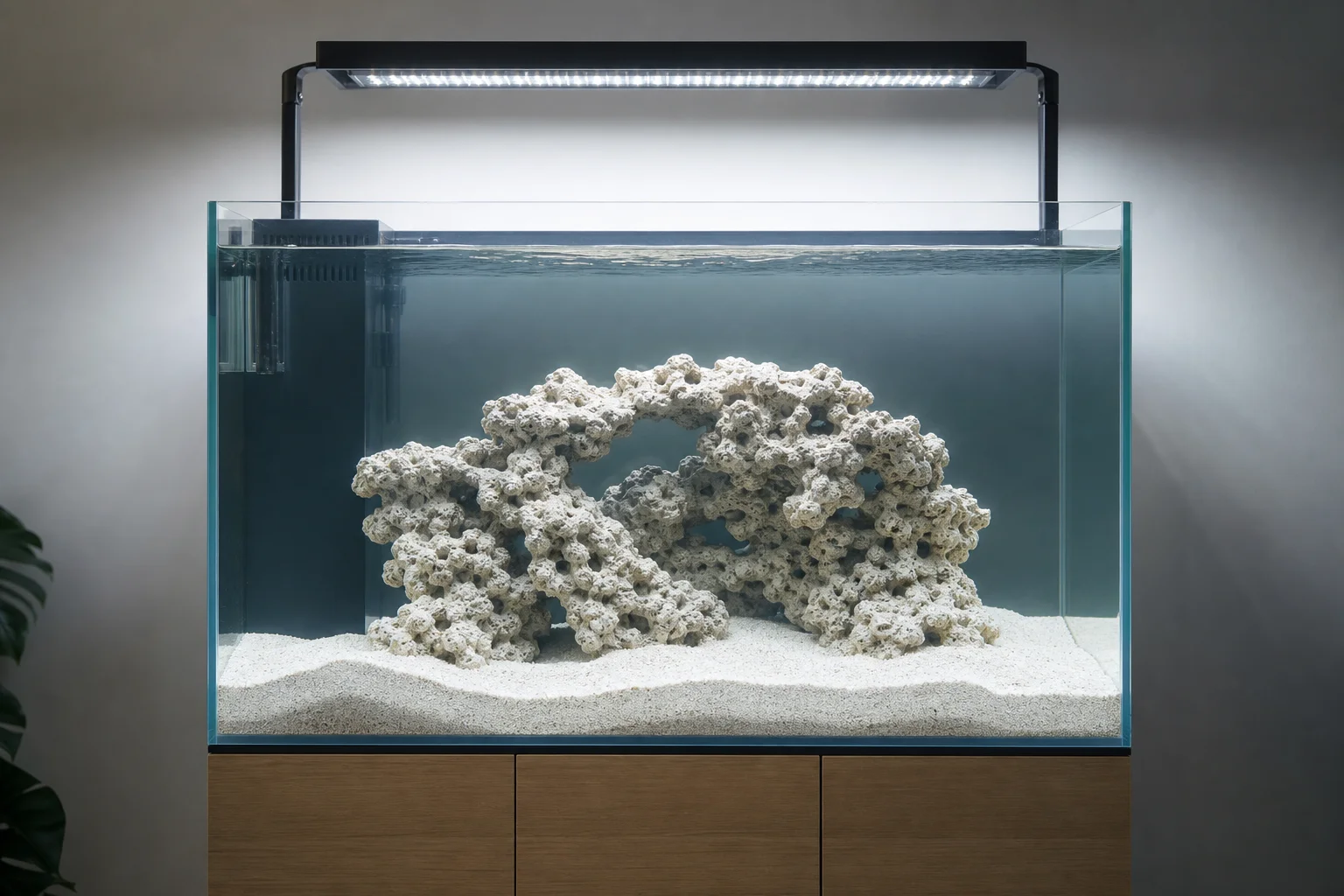 Newly established saltwater aquarium with dry rock and sand substrate