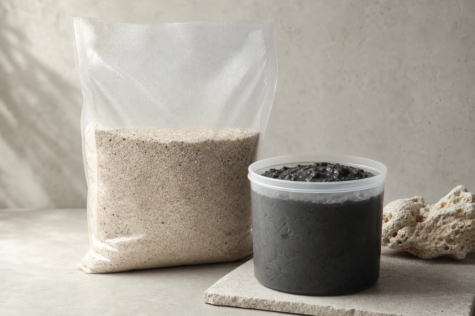 Containers of ocean direct sand and aquaforest life source mud for biome