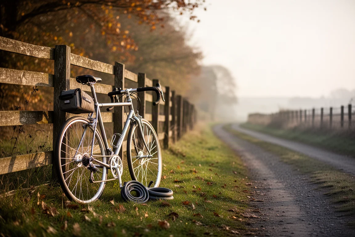 Steel touring bicycle leaning on a wooden fence beside a coiled inner tube on grass