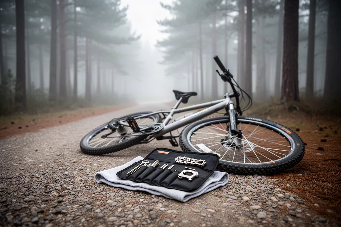 Bicycle on a gravel forest path with a tool roll unrolled on a cloth beside it