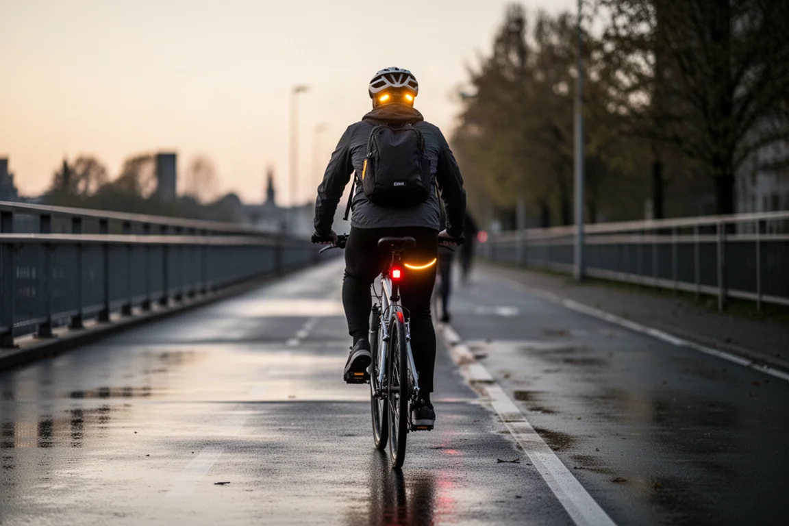 Cyclist riding away along a wet city bike path at dawn with helmet visible