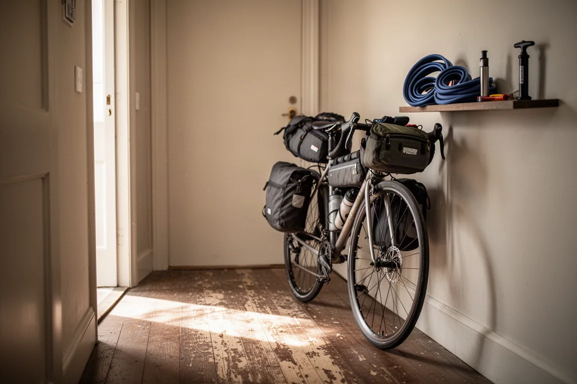Bicycle in a hallway with a loaded saddle bag, top tube bag and pump on a shelf