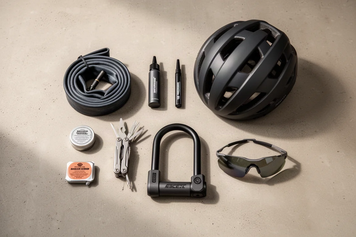 Flat-lay of cycling essentials including inner tube, patch tin, multi-tool, helmet, U-lock and lube