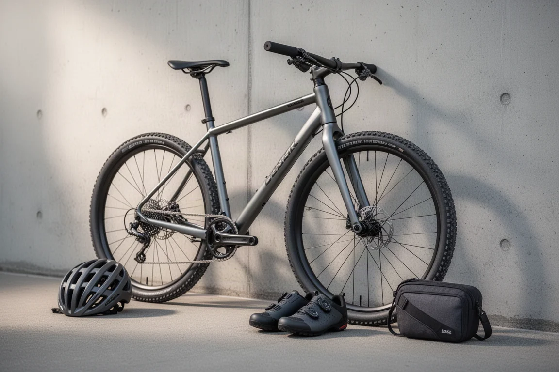 All-road bicycle leaning on a concrete wall with helmet, shoes and saddle bag beside it