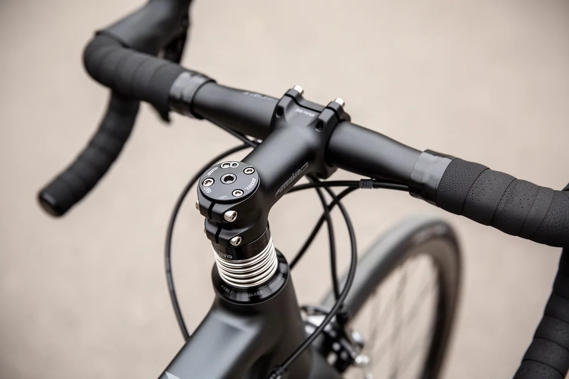 Close-up de uma mesa de bike de estrada e abraçadeira de guidão com mangueiras de freio