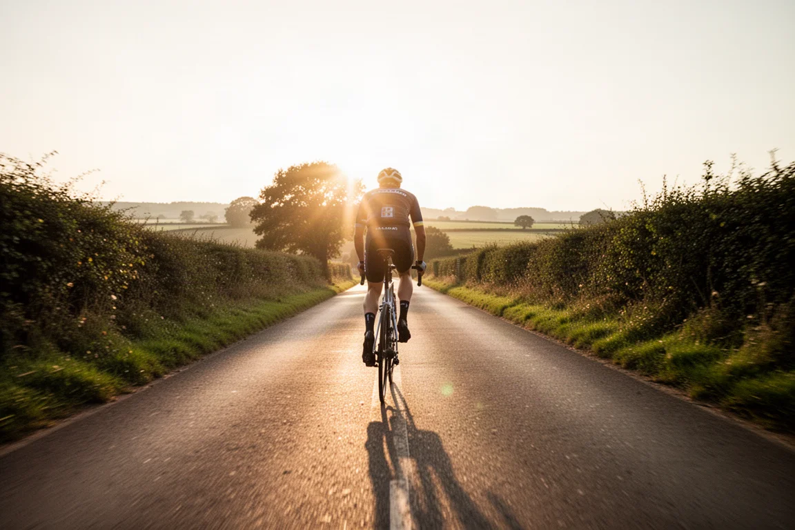 Ciclista de estrada pedalando em uma estrada rural na hora dourada, visto por trás