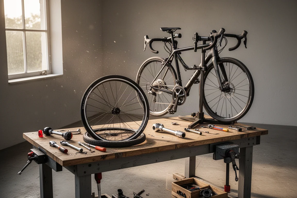 Werkbank in einer Fahrradwerkstatt mit Werkzeugen, einem Laufrad und einem Rennrad im Montageständer