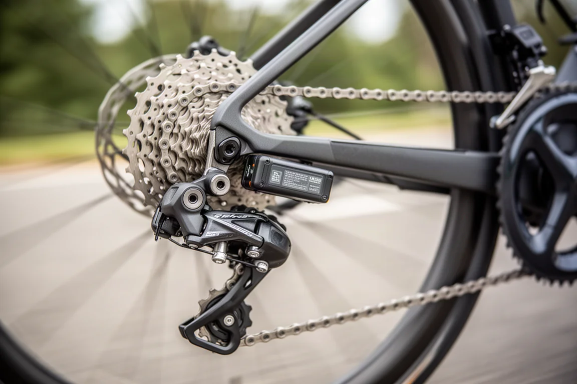 Nahaufnahme eines Rennrad-Antriebs mit Kette und Kassette in Bewegung