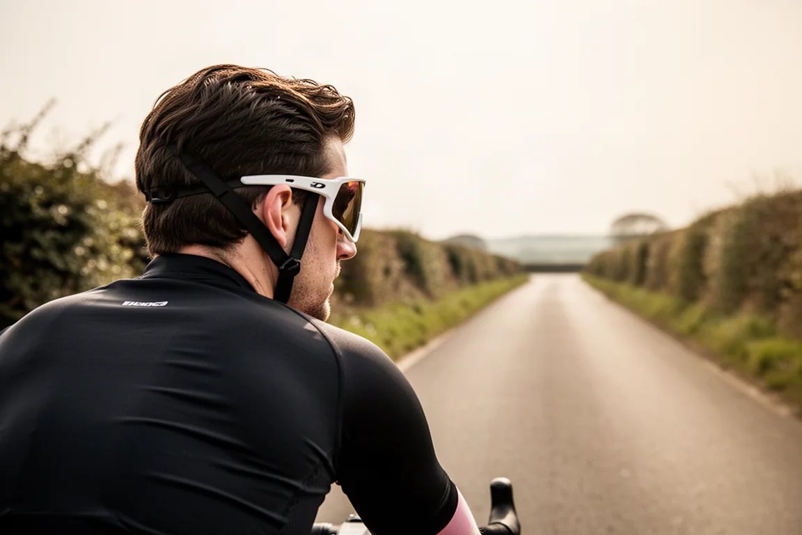 Radfahrer mit breiter, umschließender Sonnenbrille auf heller, offener Straße