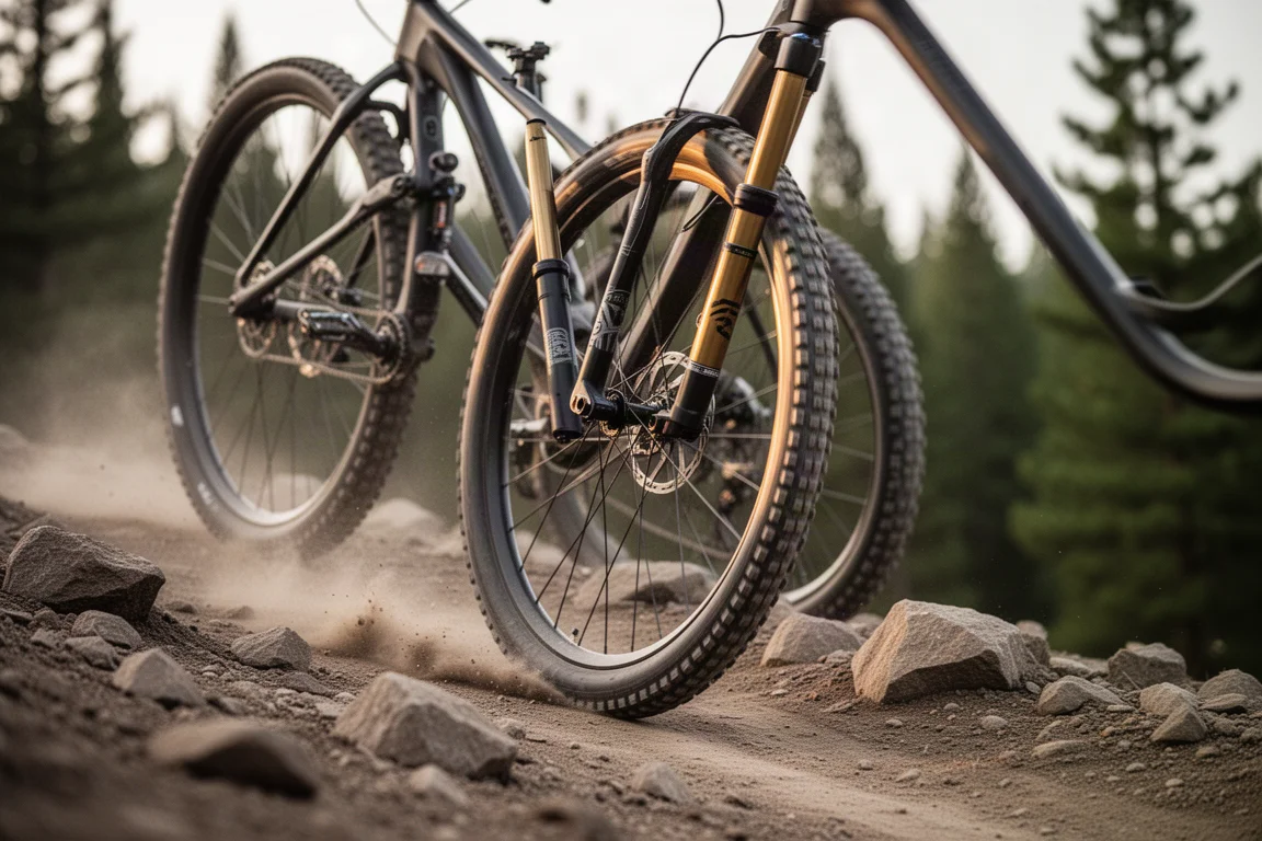 Vordergabel und Laufrad eines Mountainbikes in einer steinigen Abfahrt