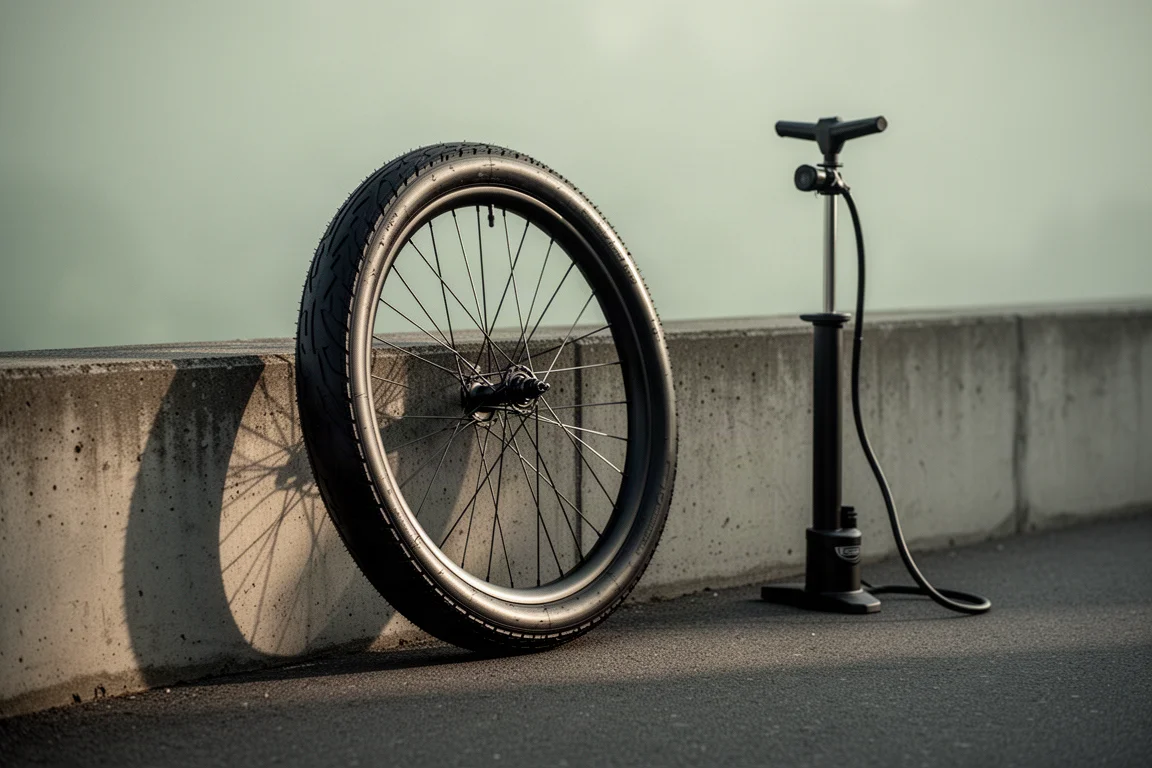 Straßenradreifen auf glattem Asphalt neben einem Laufrad und einer Reifendruckprüfer