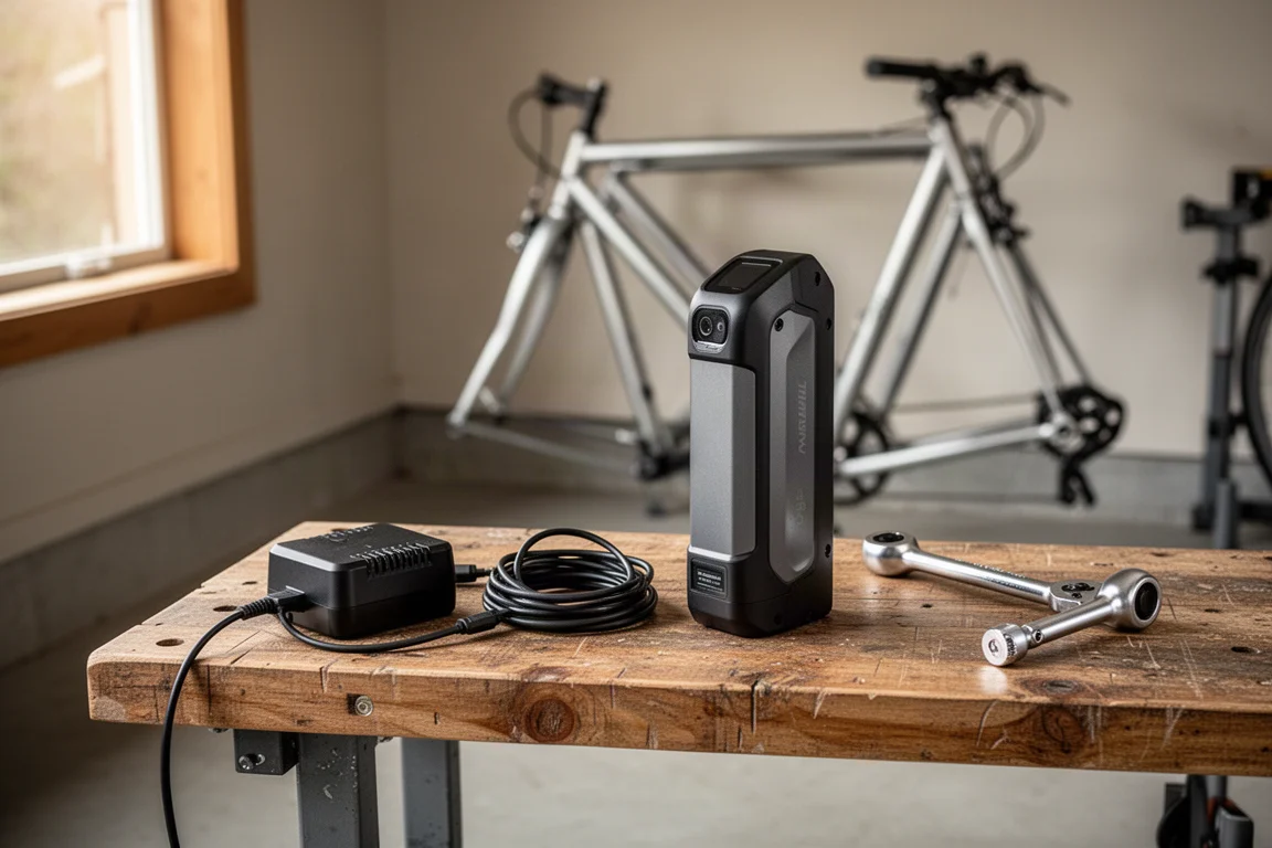 E-Bike-Akku und Ladegerät auf einer Werkbank neben einem Fahrradrahmen