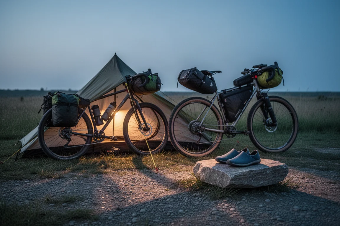 Bikepacking-Lager in der Abenddämmerung mit gefalteten Campschuhen neben einem beladenen Fahrrad