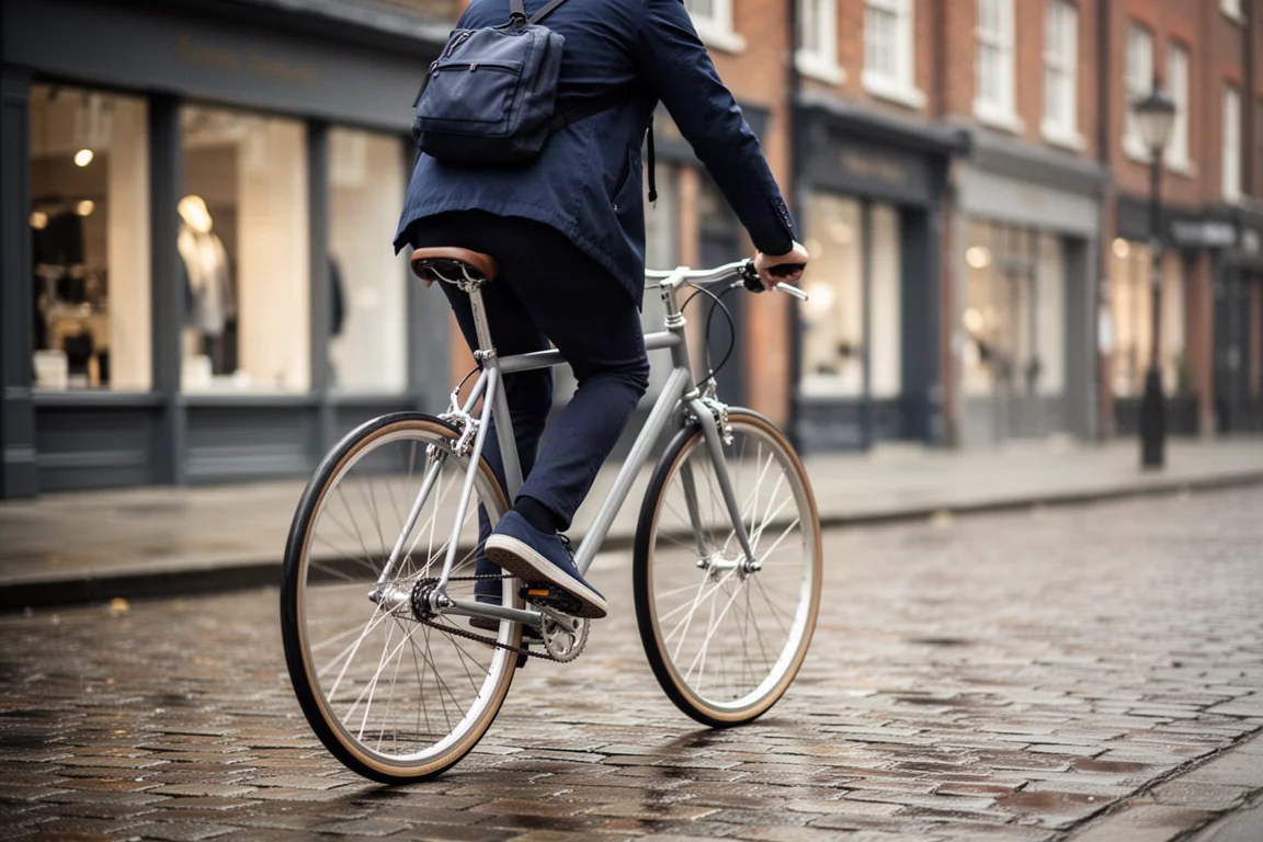 Pendler auf einem Singlespeed-Rad in einer Stadtstraße im Morgengrauen