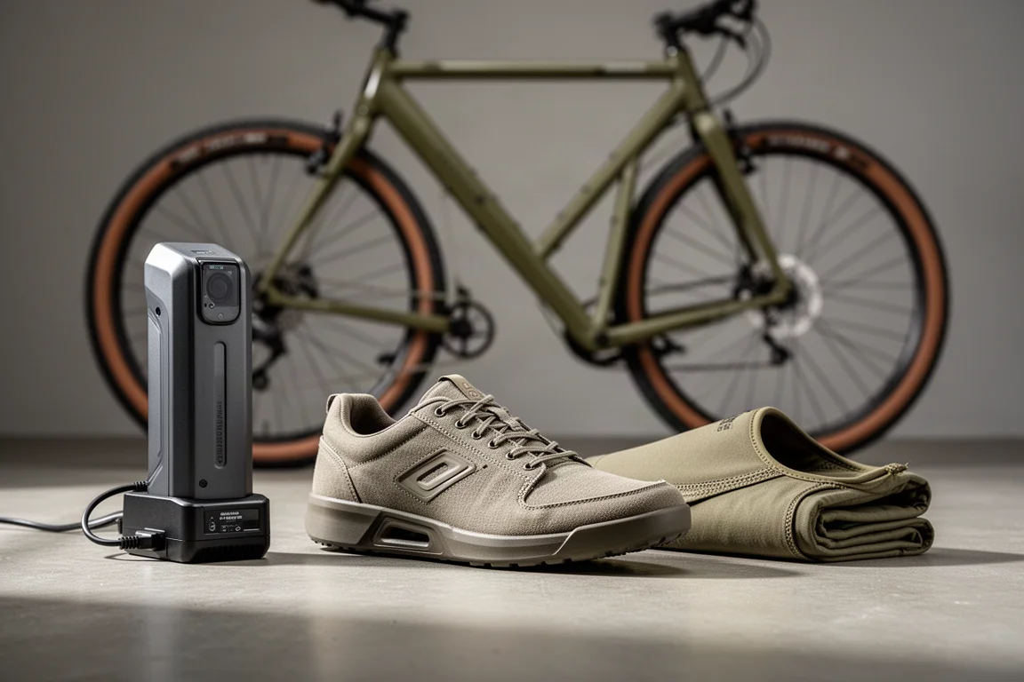 Elcykelbatteri, cykelsneaker och hopfällbar lägersko arrangerade på en betongyta