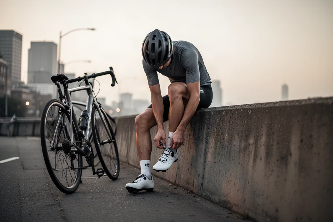 Ciclista amarrando um tênis de estrada em uma rua da cidade ao amanhecer