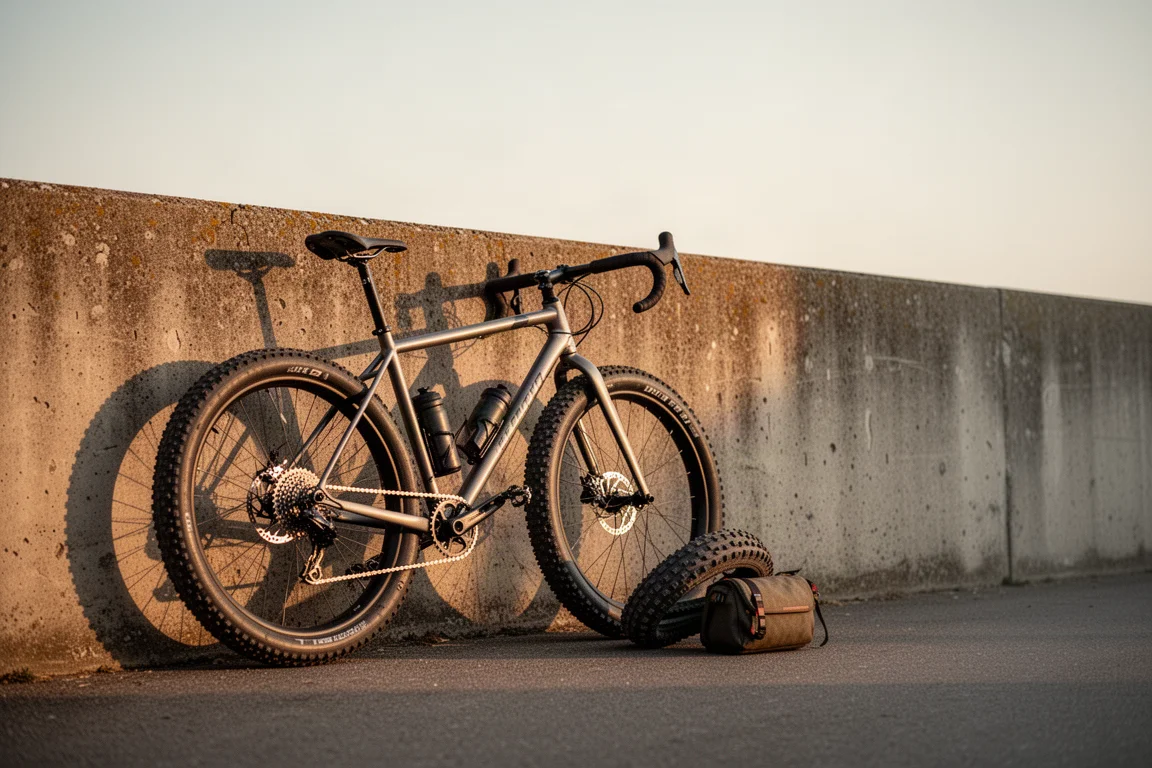 Bike de gravel encostada em uma parede de concreto na hora dourada, com um pneu sobressalente